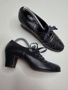 Vintage 20s 30s American Girl Leather Cutout Oxford heels Flapper Blue Lace 7.5